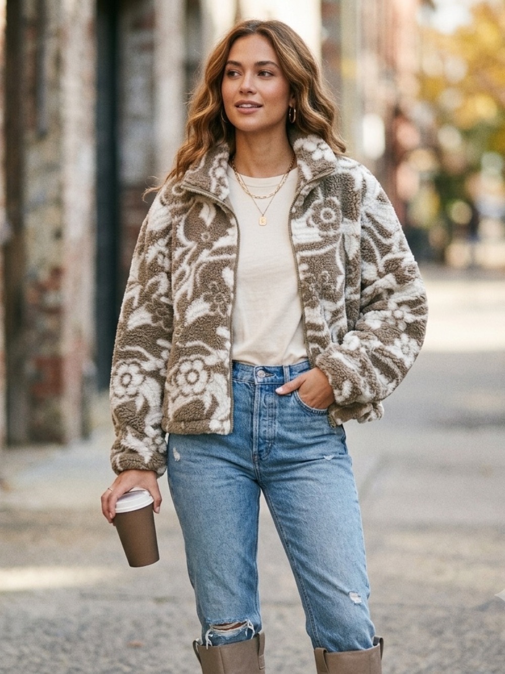 AE Bear Hug Floral Sherpa Jacket L/XL 🧸 Cozy Gorpcore Oversized Zip Up Fleece